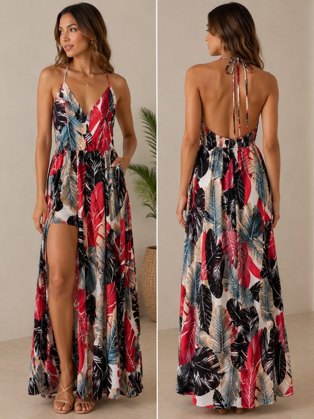 Tropical Leaf Print Maxi Dress With Shorts